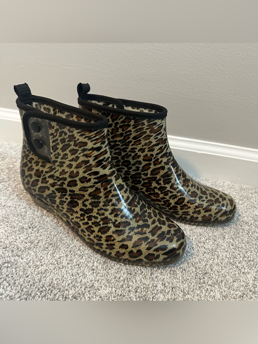 Leopard Print Rain Ankle Boots - Brown